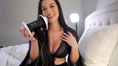 Busty curly brunette with big boobs fucks on couch