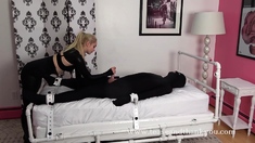 Femdom fetish blonde makes cuckold lick cumshot
