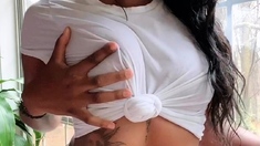 Busty curly brunette with big boobs fucks on couch