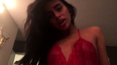 Amateur busty brunette masturbates and does hand job