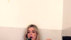 An amateur hitchhiking blonde is toying with drivers cock
